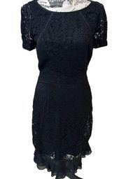 Tory Burch Black Lace Overlay Silk Blend Ruffle Dress Womens US 2 XS