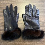 VTG Lee Menichetti Size 7.5 Brown Leather Gloves with Fur Trim