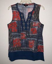 Verve Ami Boho Patchwork Sleeveless Blouse Tank top  Embellished Split Neck