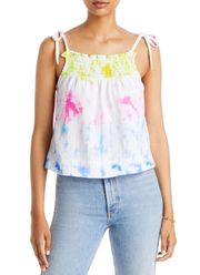 AQUA Women's Smocked Gauze Tie Shoulder Tie Dye Sleeveless Square Neck Cami Top White Size Small