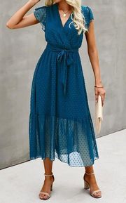 Boho Floral Casual Wrap V Neck Pleated Midi Dress