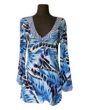 La Blanca  Tunic Bikini Cover-Up Tropical Leaf Blue Long sleeve Mini dress