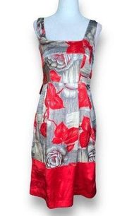 Yoana Baraschi Dress Red Floral Leaf Print Square Neck Sleeveless Knee Length