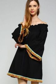 VELZERA Black Off Shoulder Tunic with Rainbow Fringe.