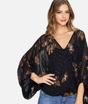 LOVESTITCH NWOT black sheer butterfly top accent of black sparkle wide sleeves S