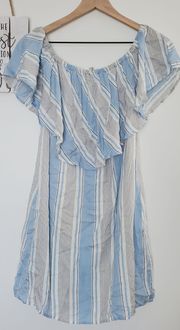 WAYF Women's Size S Blue and White Stripe Side Pocket Cold Shoulder Mini Dress