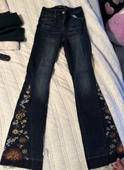 Mid Rise Dark Embroidered Flare Jeans 