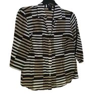 Ann Taylor Black & Tan Striped 3/4 Sleeve Button Up Shirt - Size 4 - Silk Blend