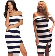 Dance & Marvel Bodycon Off Shoulder Stripe Dress Navy Blue White Large Nautical