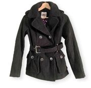 Hydraulic Black Button Belted Pea Coat X-Small