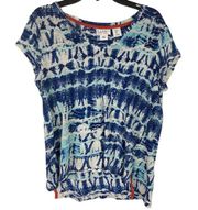 Nicole Miller V Neck Linen Shirt Tie Dye Short Sleeves Lightweight Blue Women S