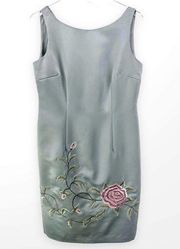 90s MAGGY LONDON Vintage Gray Sleeveless Embroidered Sheath Dress