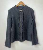 Willi Smith Gray 100% Wool Zip up Sweater Jacket with Ruffles