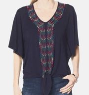 4/$25 BUNDLE SALE!! DEMOCRACY BOHO TIE FRONT V NECK BLOUSE EMBROIDERY