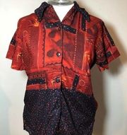 Impressions abstract button down blouse top 90s M red black shirt vintage retro