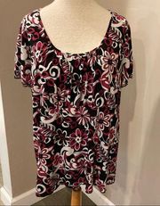 Susan Lawrence Black White Pink Floral Print Short Sleeve Top Women’s Size 1x