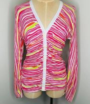 Lafayette 148 Linen Sweater MEDIUM Animal Print Button Colorful Ruched Cardigan