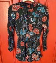 ASTR  Black w/Blue & Red Floral Chiffon Long Sleeve Romper Size XS EUC