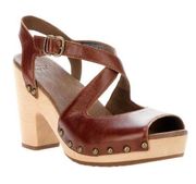 Ugg Brown Leather Nadia Cross Front Wooden Heel Platform Clogs