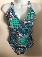 Spanx Slimming Paisley Wave Love Your Assets Floral Teal One Piece Swimsuit M
