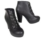 BONNIBEL Black Heeled Lace Up Platform Ankle Booties Faux Leather Women's 9
