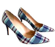 J Crew Elsie Italian Made Plaid Pumps Pointed High Heels Blue White Purple 11