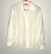 Vintage Susan Bristol Top Ivory Button Front Lace Embroidered Sleeves Sheer P8