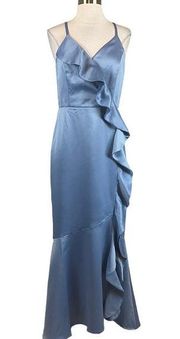 Women's Formal Dress Size 6 Blue Satin Ruffled Sleeveless High Low Gown