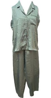 HALSTON Pajamas/Lounge Set Sage Green Houndstooth Print Top/Pull On Pants Sz XL