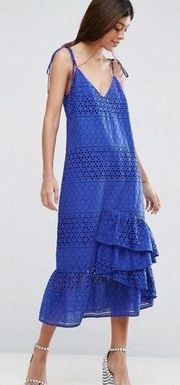 ASOS Blue Eyelet Lace Tie Shoulder Dress