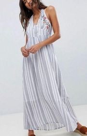 STRIPED MAXI HALTER EMBROIDERED DRESS SMALL