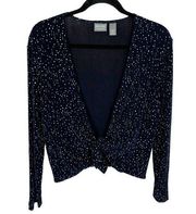 Chico’s 0 Additions Navy Polka Dot Long Sleeve Tie Front Crop Top Women’s Small