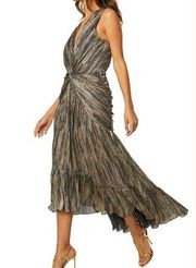 MISA Los Angeles Ava Metallic Plunge Neck High-Low Long Maxi Dress