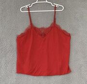 7 For All Mankind Women's Plus Size 1X Lace Trim Cami in Red Silky Fabric V Neck