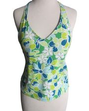 LL Bean Green Tropical Floral Tankini Open Back Swimsuit Top Size 12