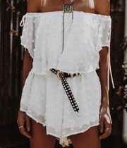 Luxe White Off the Shoulder polka dot pink tie flowy ruffle romper