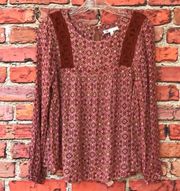 Brown and Pink Floral Print DR2 Long Sleeve Lace Inset Blouse