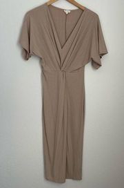 Hem and Thread Women’s Neutral Beige Tan Twist Front Midi Back Slit Dress Small