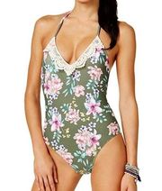 Hula Honey Tropic Romance Floral Print Crochet One Piece Swimsuit Halter Size S