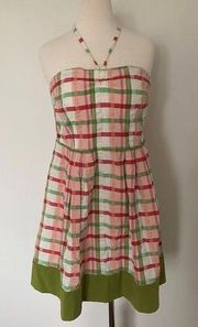 Garden Party Madras Dress Sz L Halter Flare High Waist Plaid