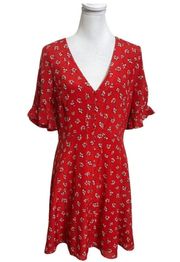 Madewell Silk Ruffle Sleeve Button Front Mini Dress A Line Little Lilies Red 8