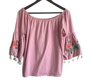 Umgee WomenTop Crew Boat Neck 3/4 Tassel Embroiled Flower Bell Sleeve Boho Pink