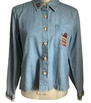 90s Christopher & Banks button’s art embroidery VTG denim chambray shirt small