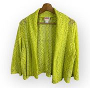 Ruby Rd Favorites Womens size Large 3/4 Sleeve Open Lace Knit Cardigan Yellow