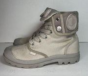 Palladium Baggy Women 6.5 Fold Over Lace Up Canvas Tan Gray Boots 92353