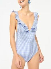 NWT J Crew Seersucker Ruffle-Shoulder V-Neck One-Piece Swimsuit in Blue/White