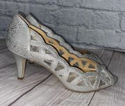 open toe leather cut-out pumps silver sz 8.5