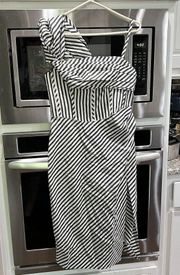 Carolina Herrera One-Shoulder Corset Bodice Midi Dress Size 10 Grey White Stripe