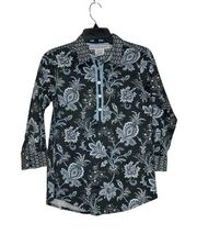 Gretchen Scott 1/2 Button Top Shirt Size Small Blue Floral Cotton Stretch Blend