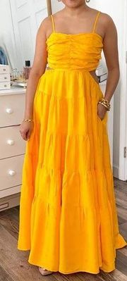 NWT Anthropologie Let Me Be Orange Yellow Cutout Tiered Midi Dress XS Petite